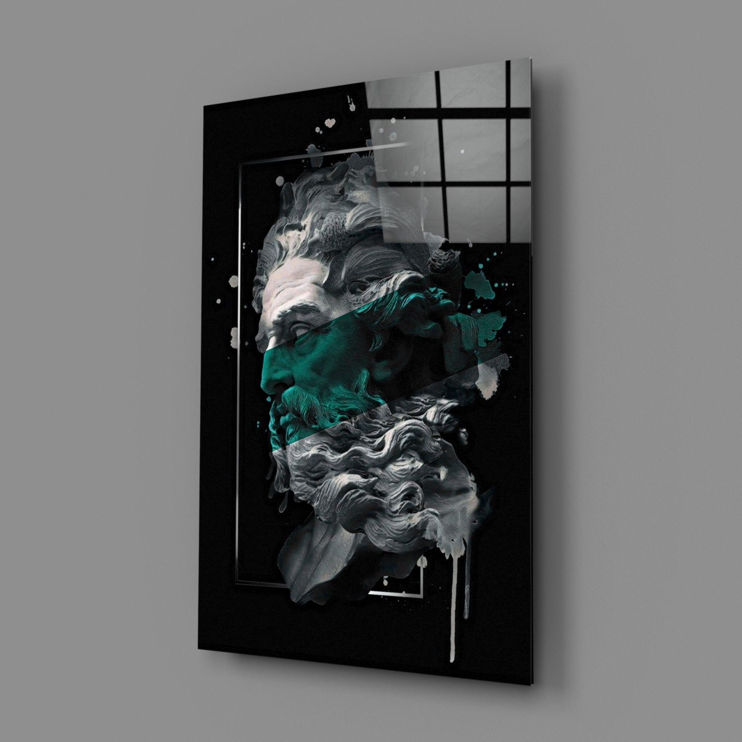 Emerald Paint Stripe Poseidon Bust Glass Wall Art