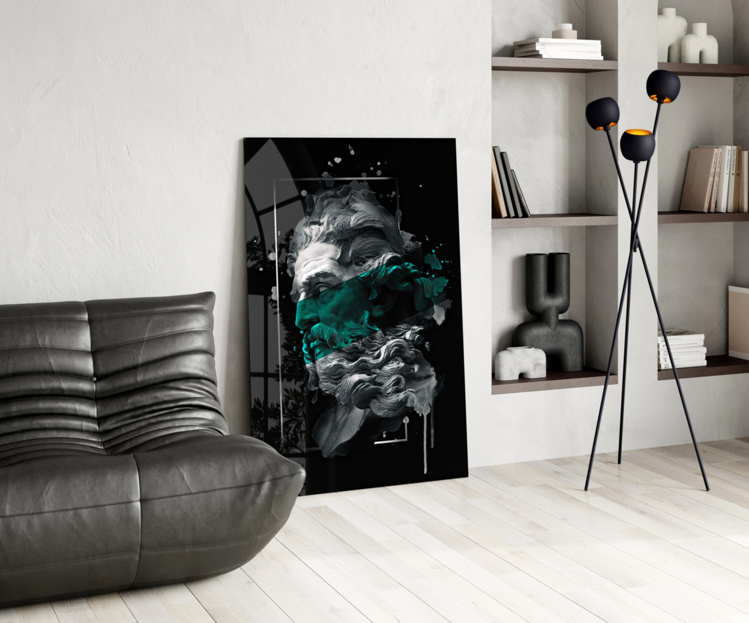 Emerald Paint Stripe Poseidon Bust Glass Wall Art
