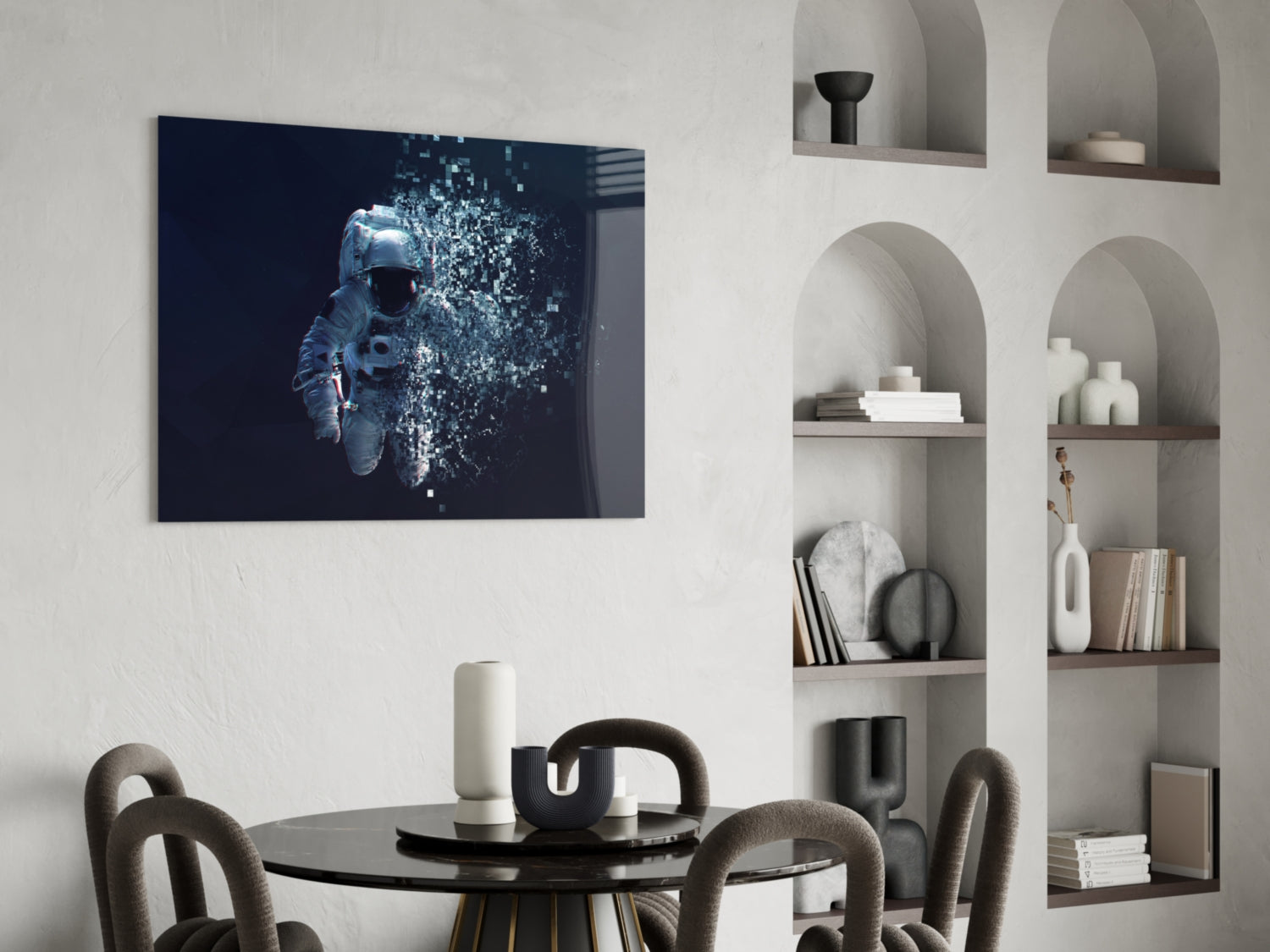 Shattering Pixel Astronaut Glass Wall Art