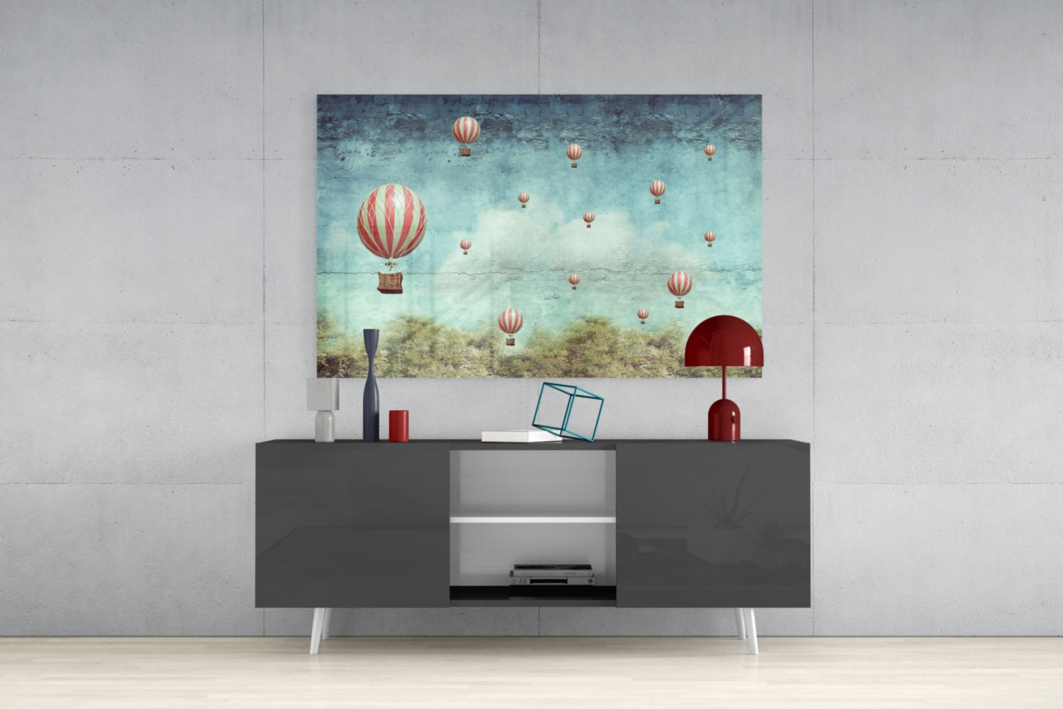 Vintage Sky Full of Pink Balloons Glass Wall Art