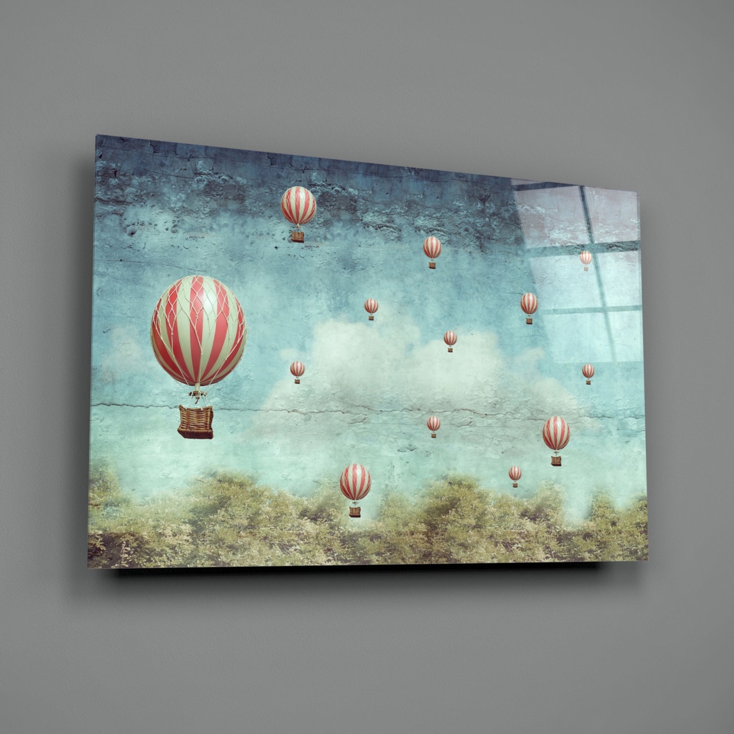 Vintage Sky Full of Pink Balloons Glass Wall Art