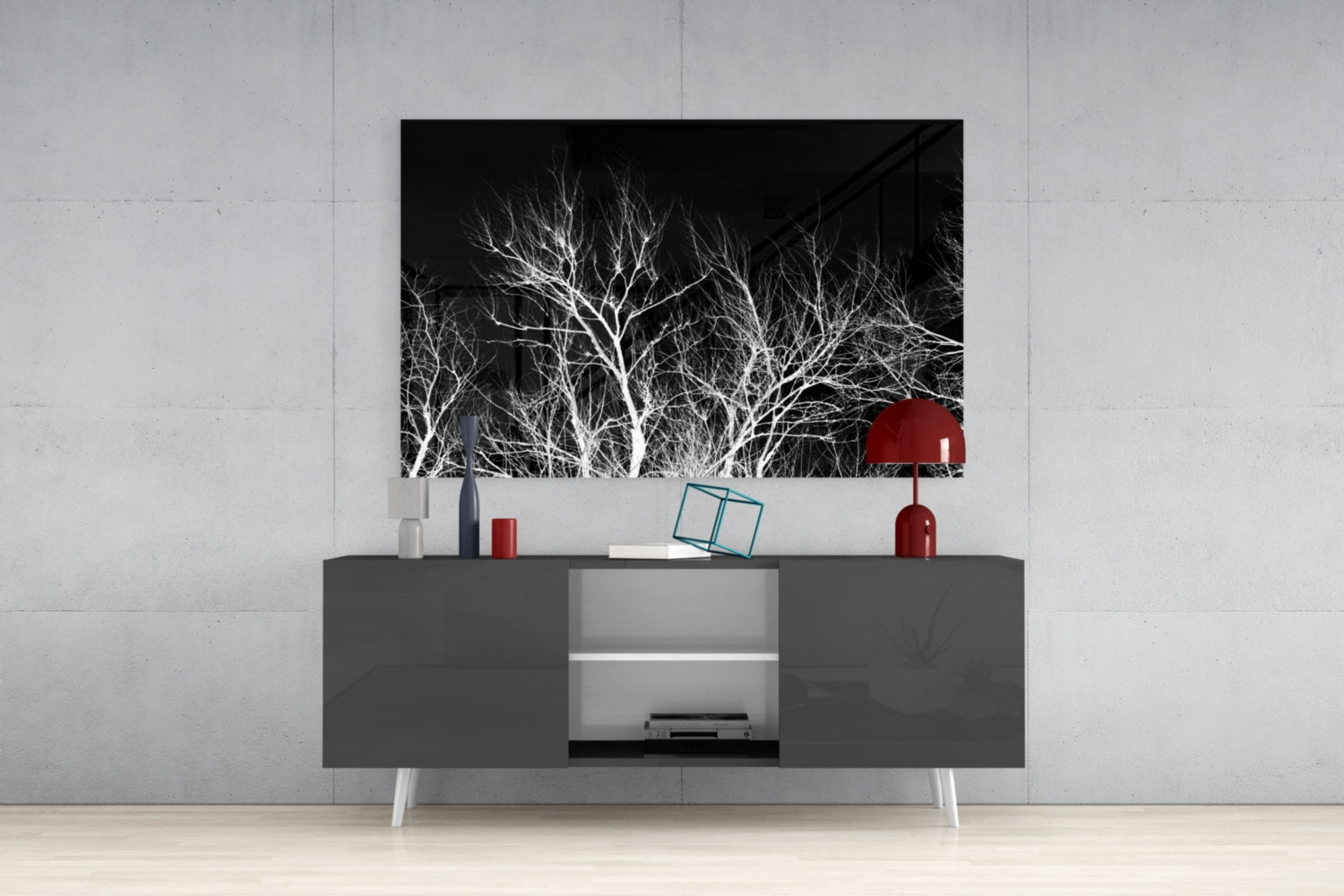 Bare White Branches on Black Night Glass Wall Art