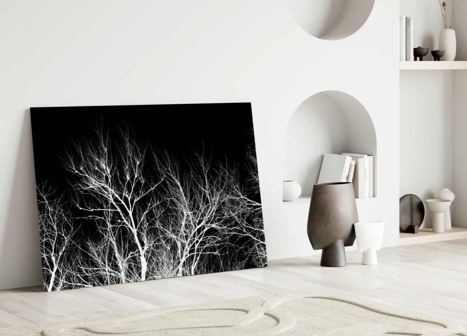Bare White Branches on Black Night Glass Wall Art
