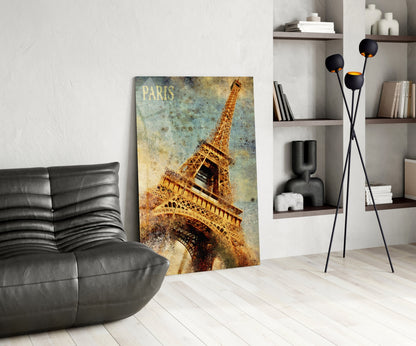 Golden Grunge Paris Eiffel Glass Wall Art