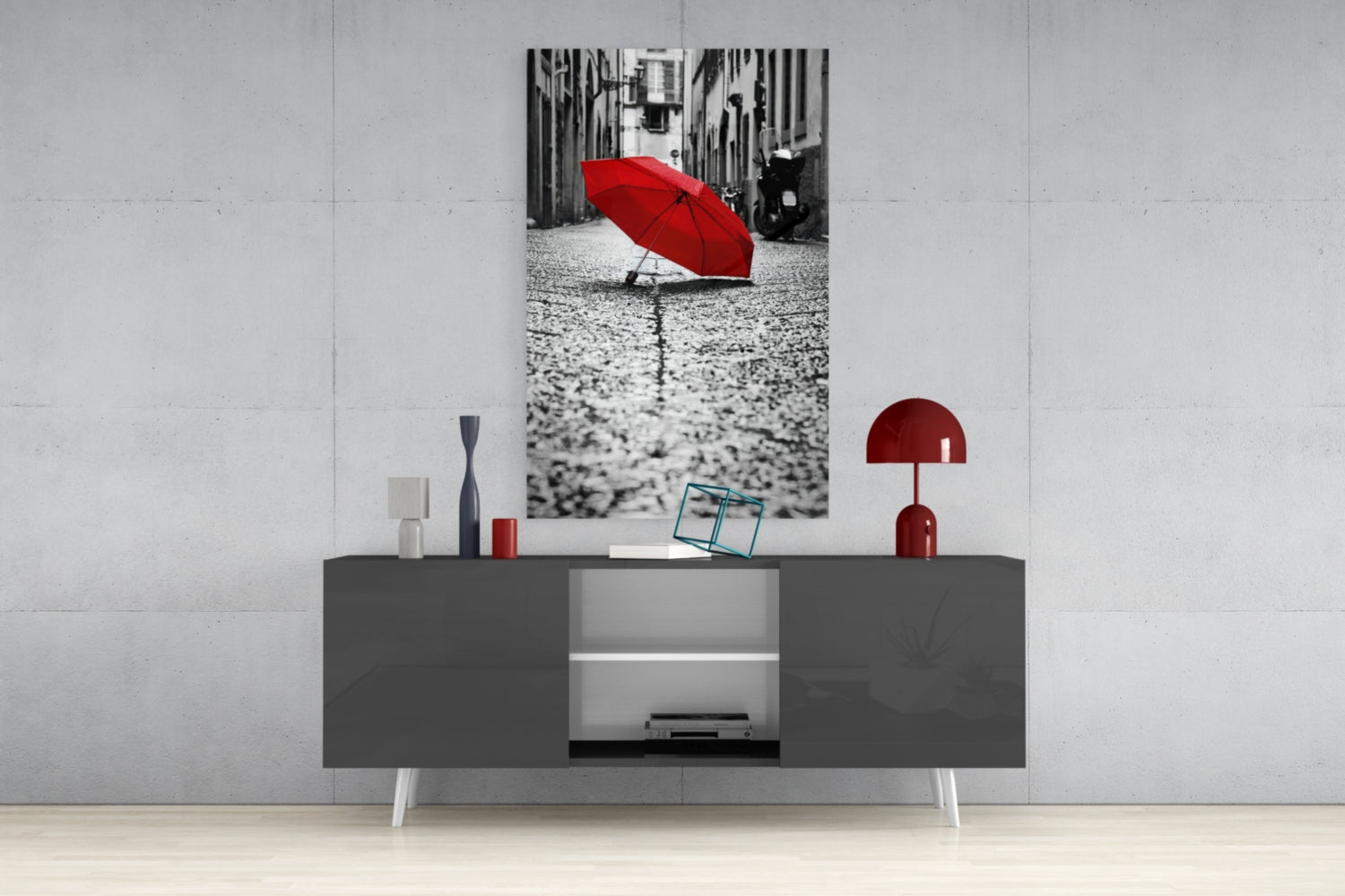Lone Red Umbrella Cobblestone Street Glass Wall Art