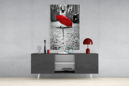 Lone Red Umbrella Cobblestone Street Glass Wall Art