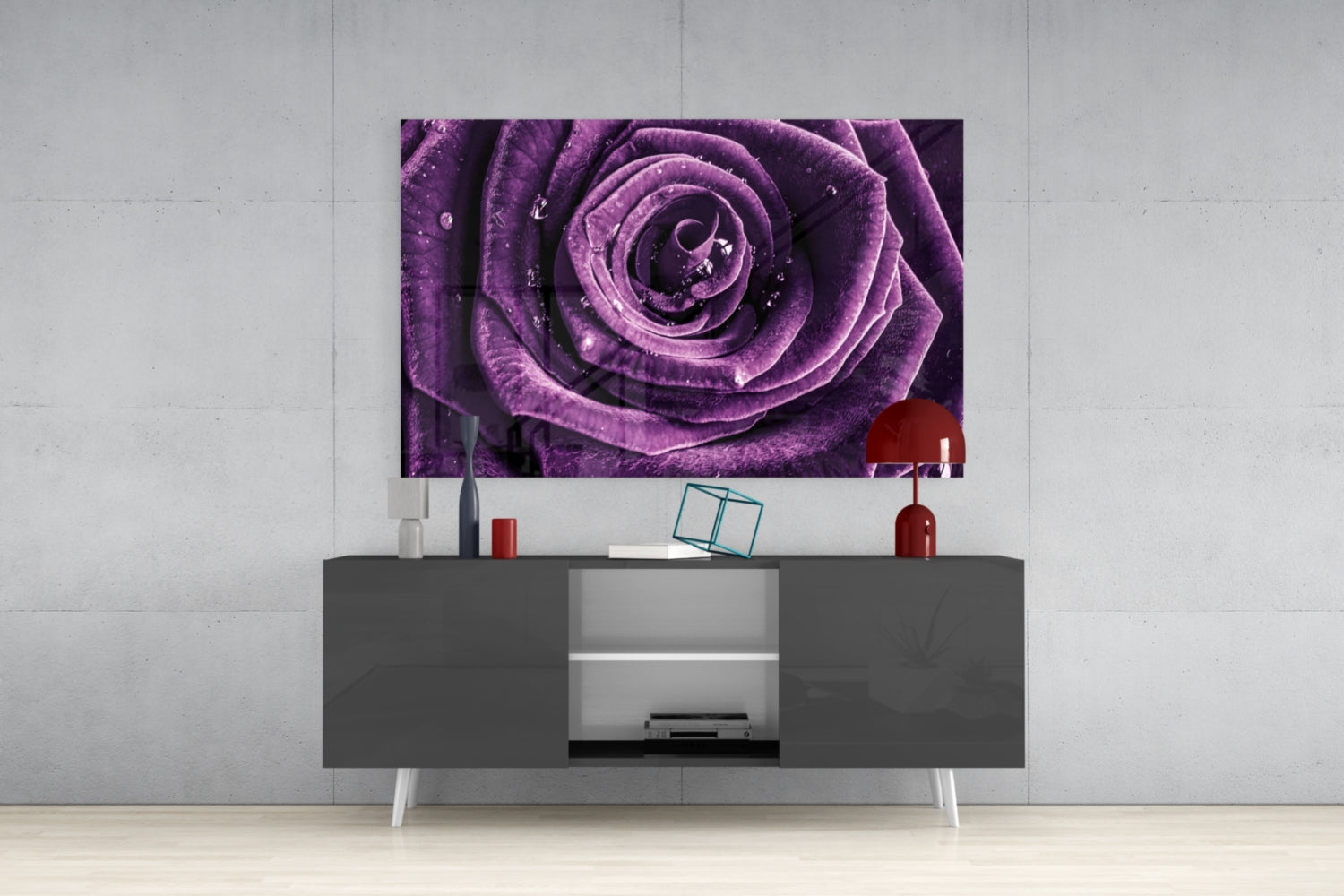 Dewdrop Violet Rose Spiral Bloom Glass Wall Art