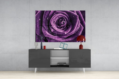 Dewdrop Violet Rose Spiral Bloom Glass Wall Art