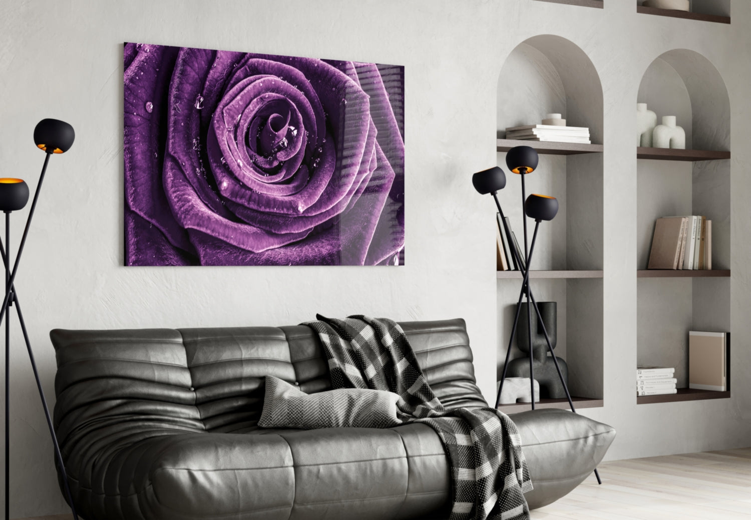 Dewdrop Violet Rose Spiral Bloom Glass Wall Art