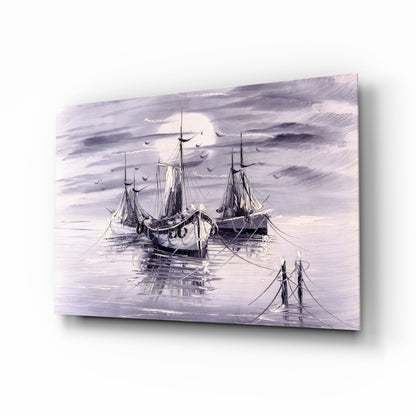Moonlit Tall Ships In Lavender Mist Glass Wall Art