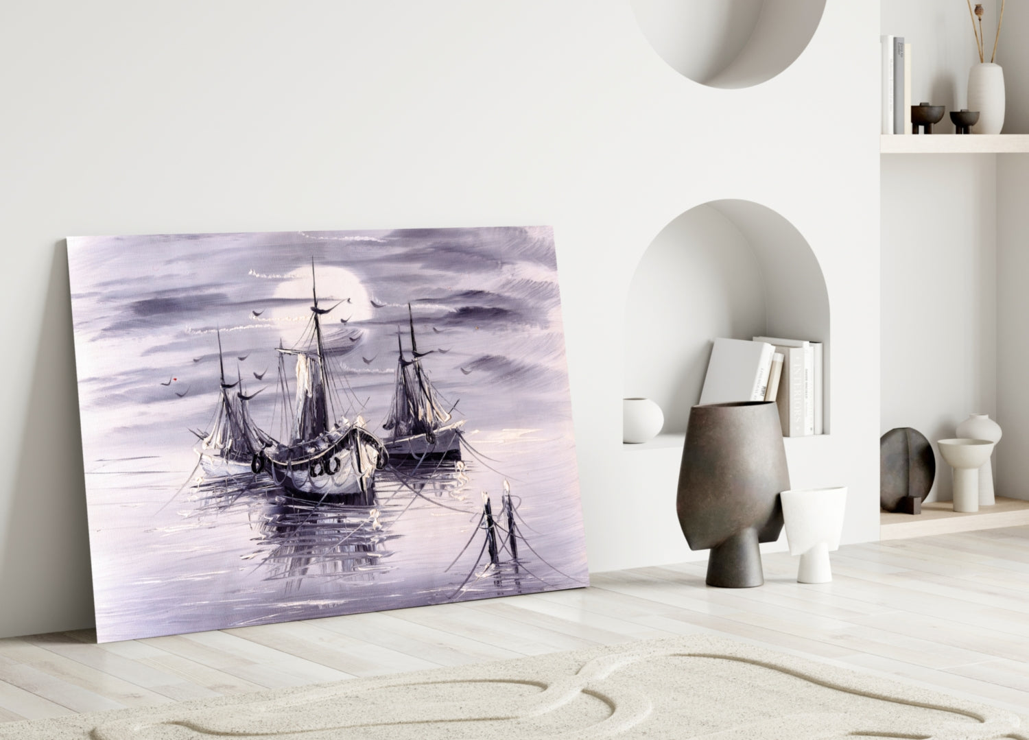 Moonlit Tall Ships In Lavender Mist Glass Wall Art
