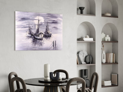 Moonlit Tall Ships In Lavender Mist Glass Wall Art