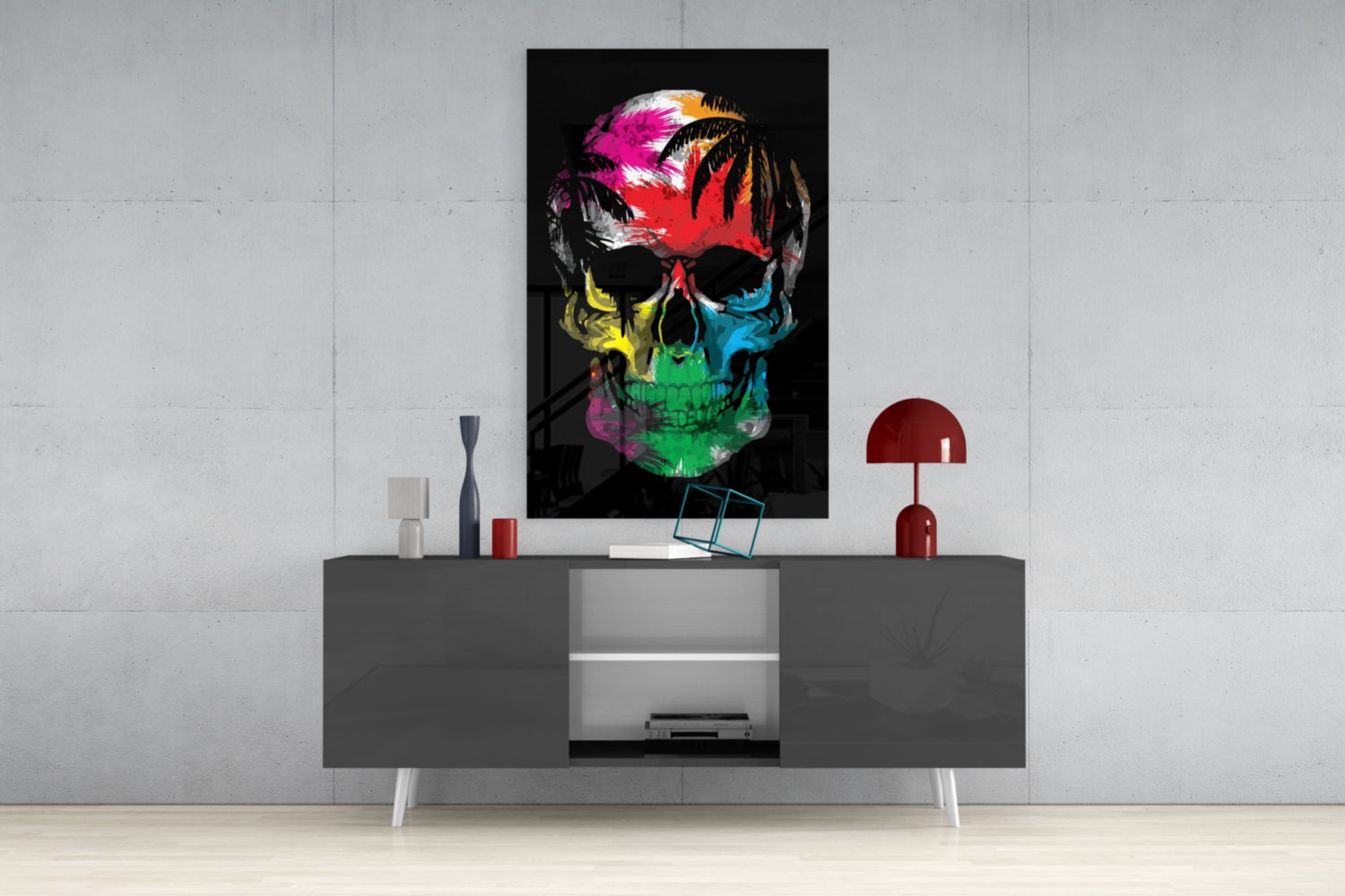 Rainbow Feather Paint Skull Glass Wall Art