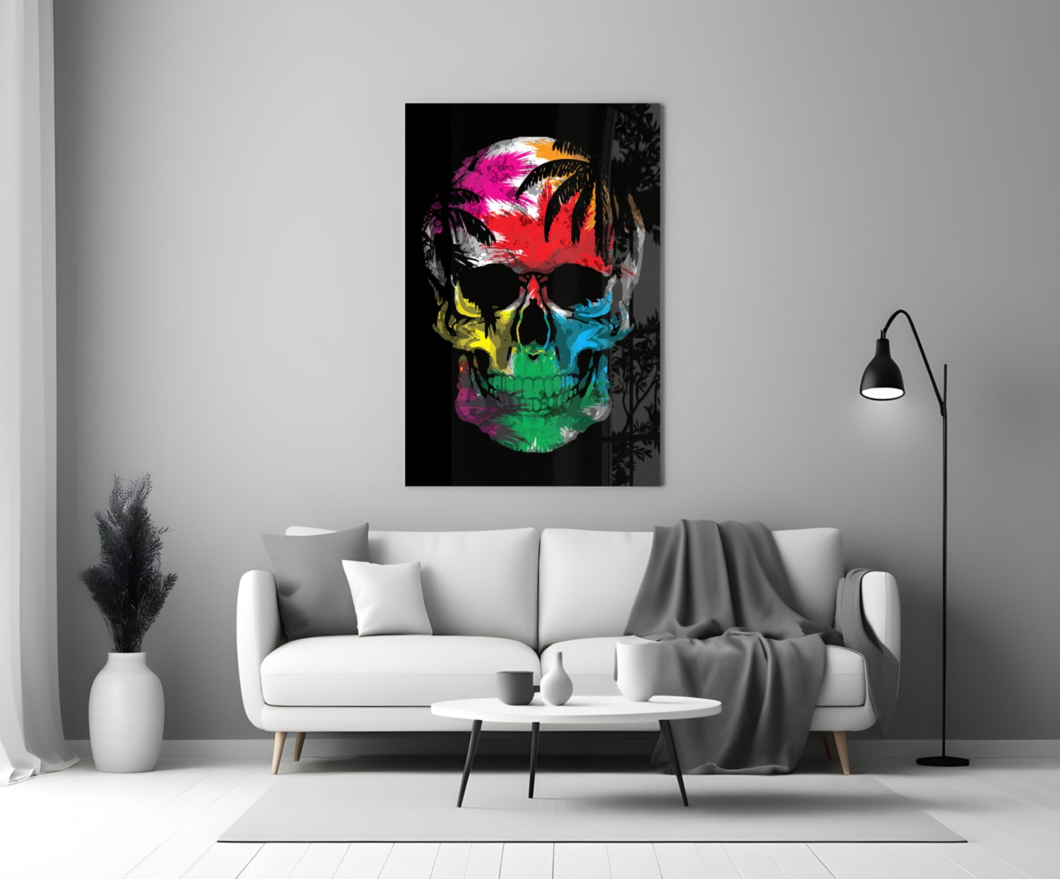 Rainbow Feather Paint Skull Glass Wall Art