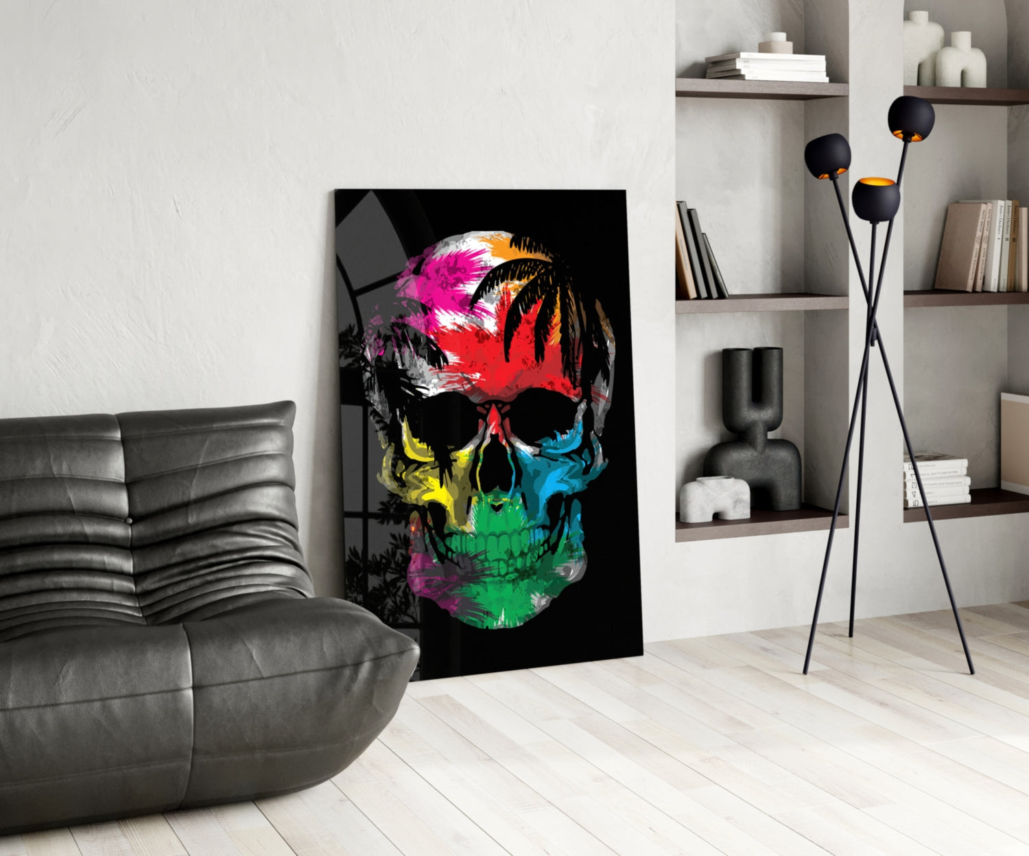 Rainbow Feather Paint Skull Glass Wall Art