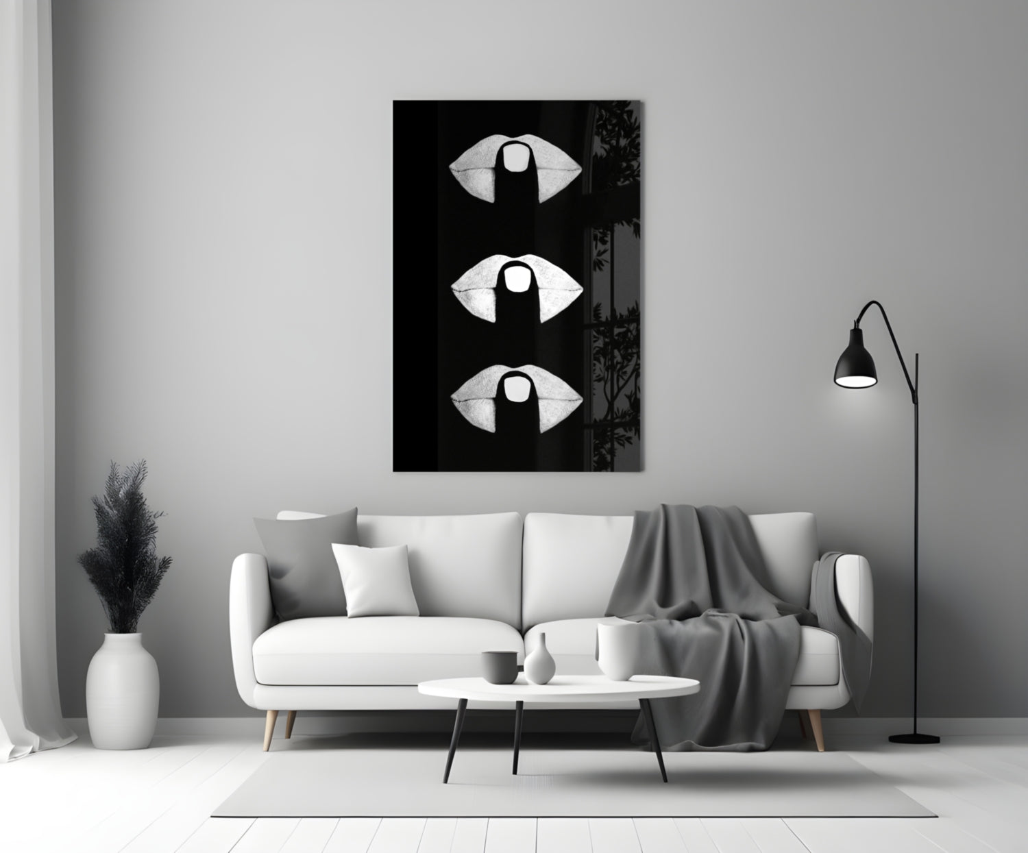 White Lips Trio on Black Glass Wall Art