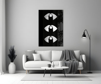 White Lips Trio on Black Glass Wall Art
