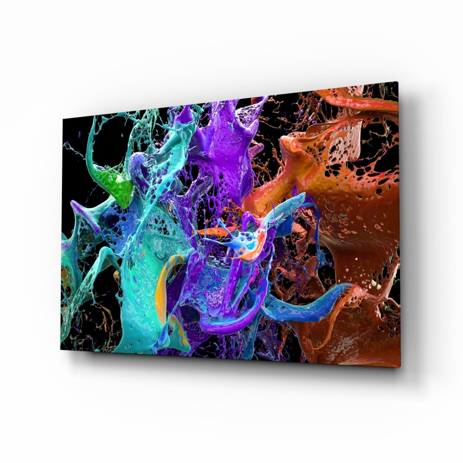 Teal Purple Paint Splash Glass Wall Art