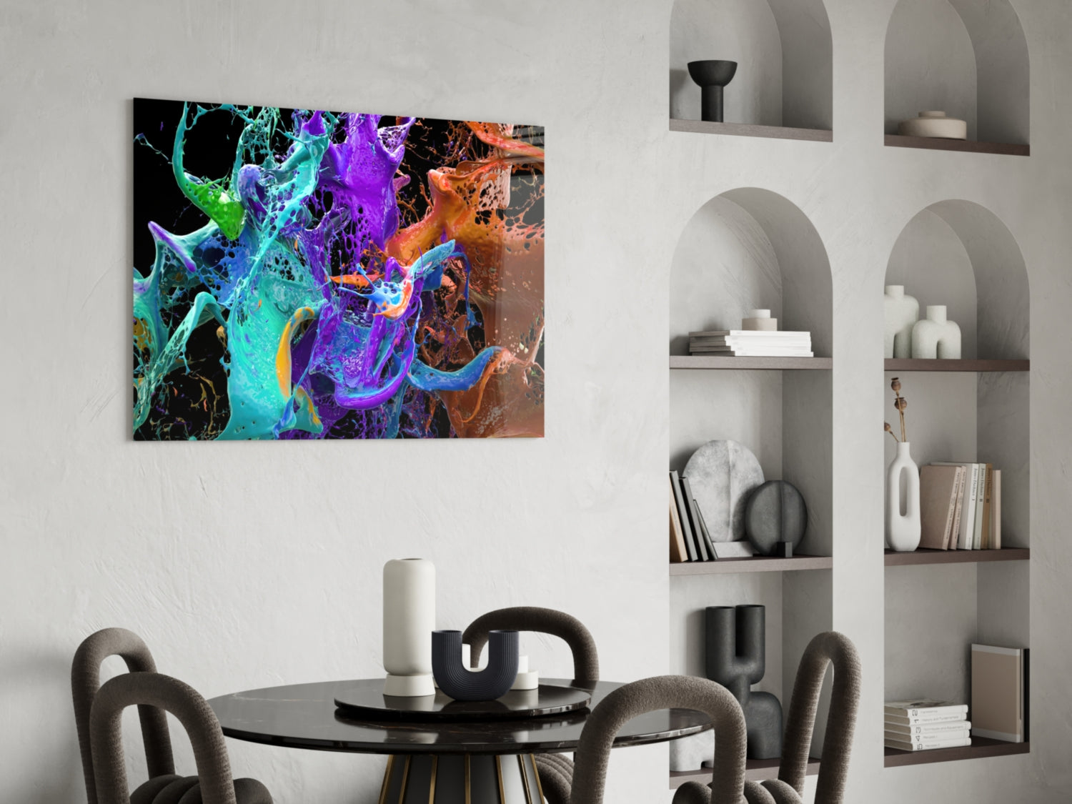 Teal Purple Paint Splash Glass Wall Art
