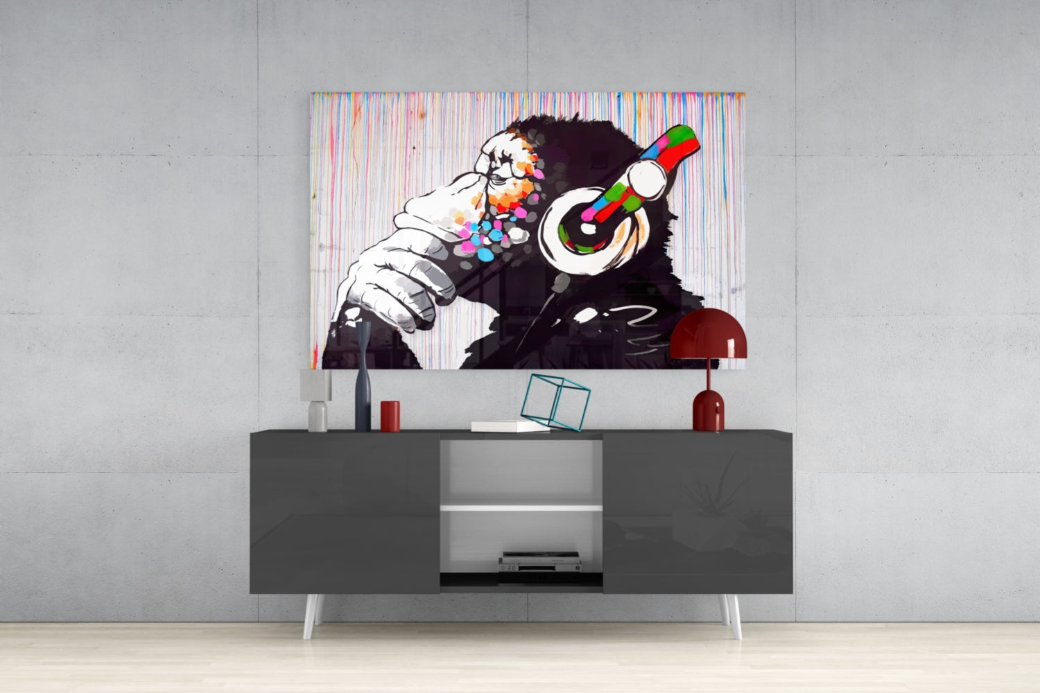 Ape With Headphones Dripping Paint Glass Wall Art