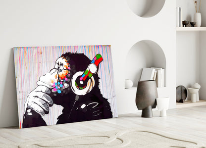 Ape With Headphones Dripping Paint Glass Wall Art