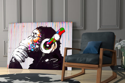 Ape With Headphones Dripping Paint Glass Wall Art