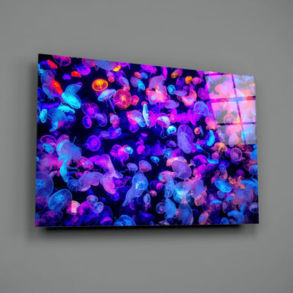 Glowing Jellyfish Bloom Neon Glass Wall Art