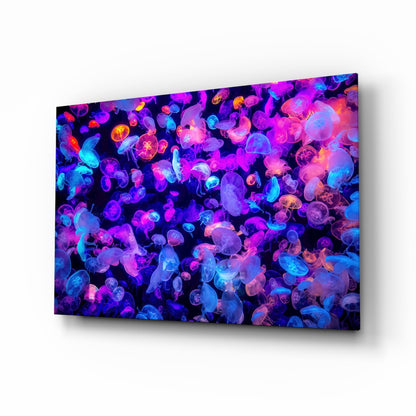 Glowing Jellyfish Bloom Neon Glass Wall Art