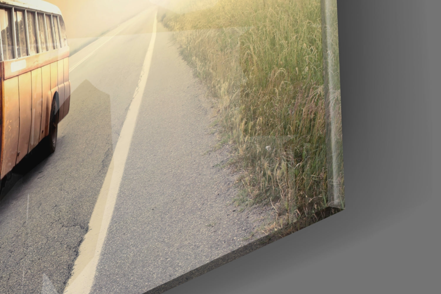 Retro Bus Golden Sunset Highway Glass Wall Art