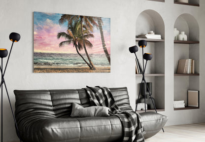 Leaning Palm Trees Pink Sunset Beach Glass Wall Art