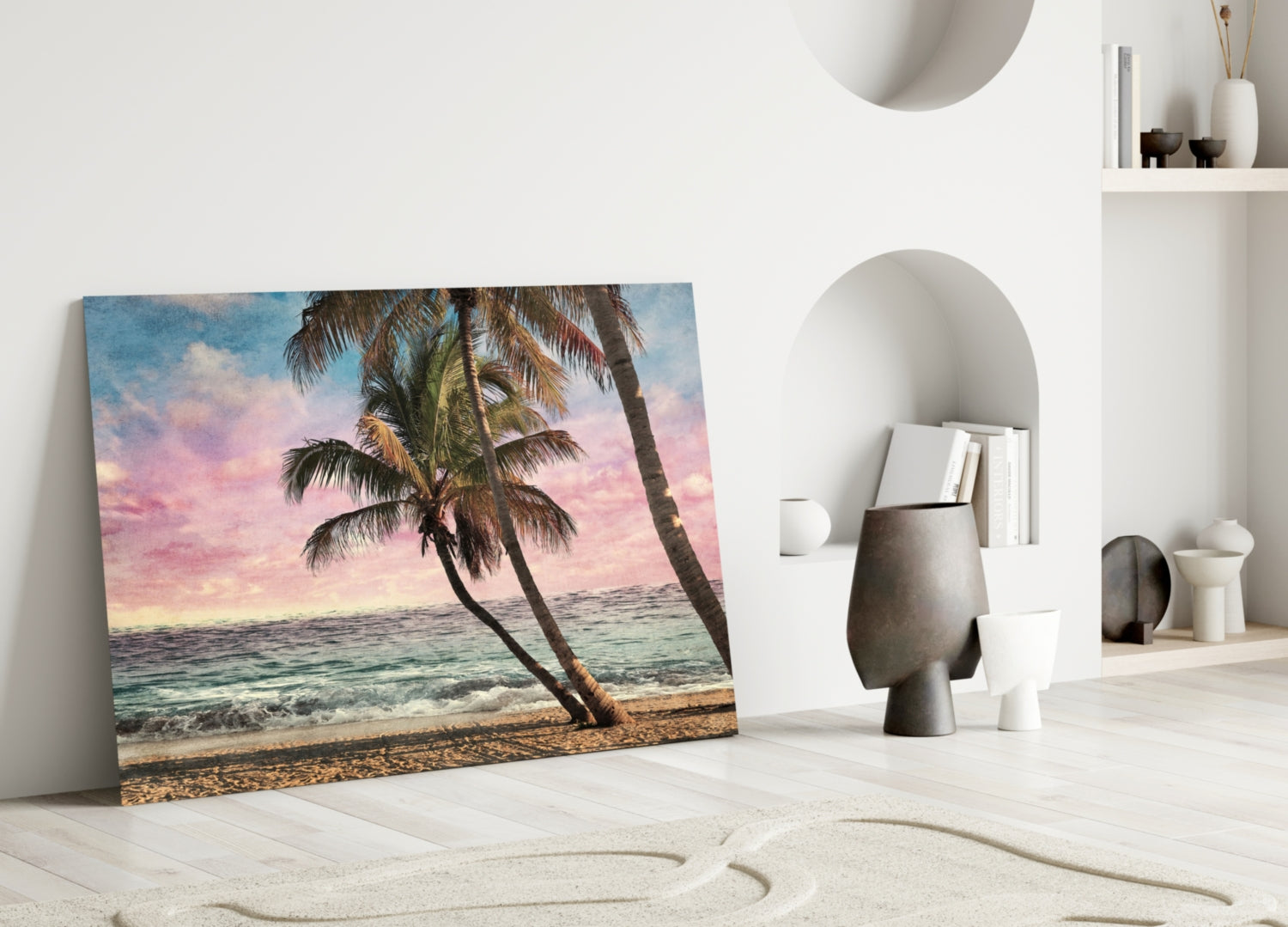 Leaning Palm Trees Pink Sunset Beach Glass Wall Art