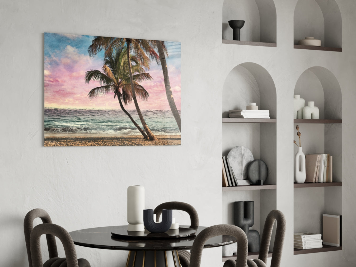 Leaning Palm Trees Pink Sunset Beach Glass Wall Art