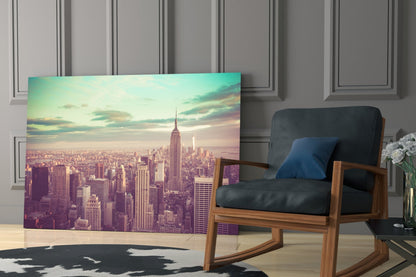 Teal Sky Aerial Manhattan Skyline Glass Wall Art