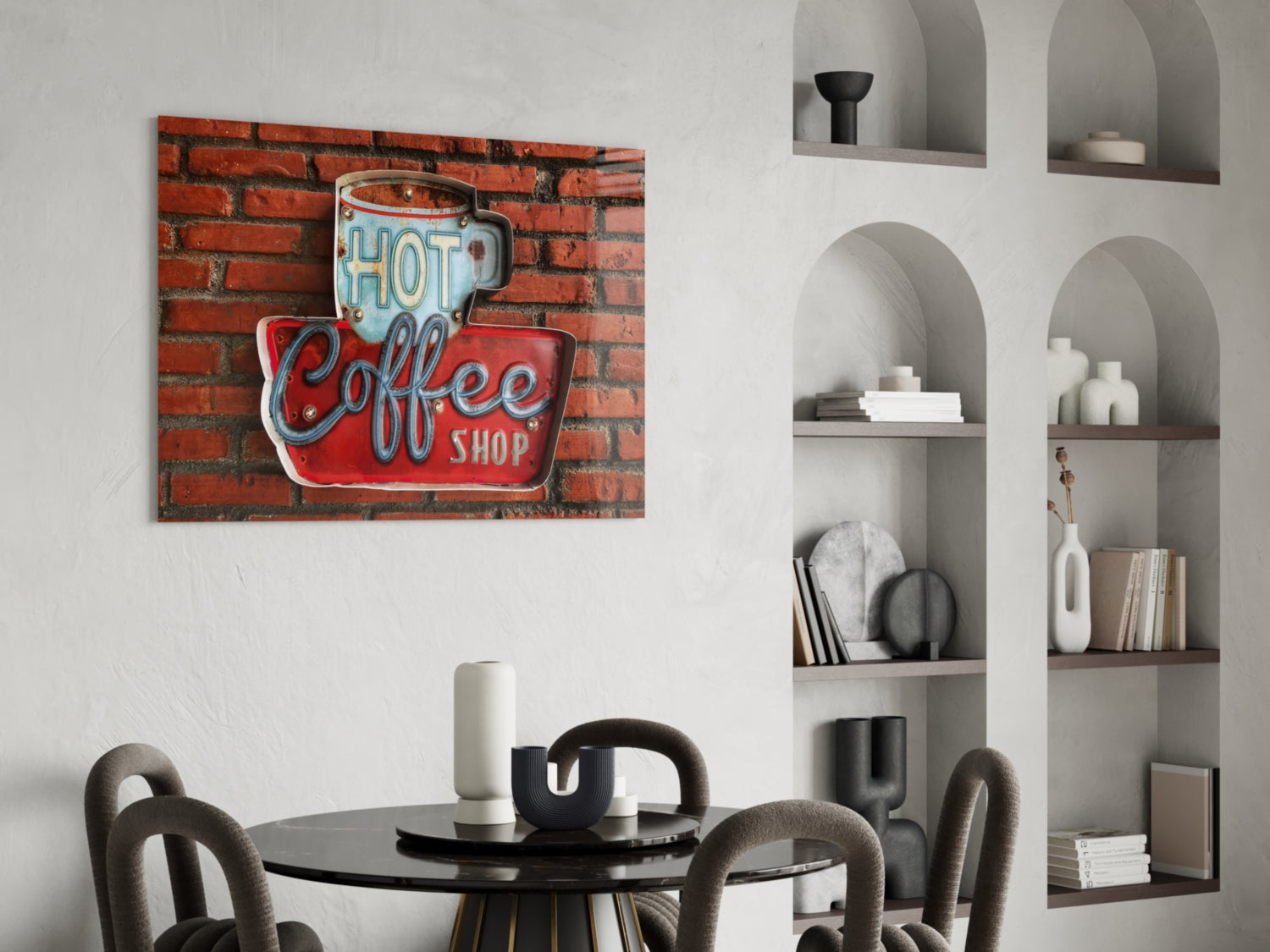 Vintage Coffee Shop Sign Red Brick Glass Wall Art