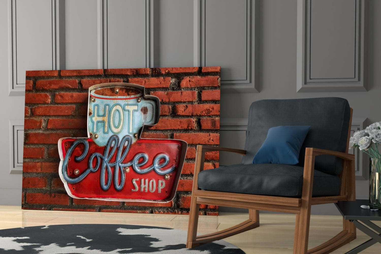 Vintage Coffee Shop Sign Red Brick Glass Wall Art