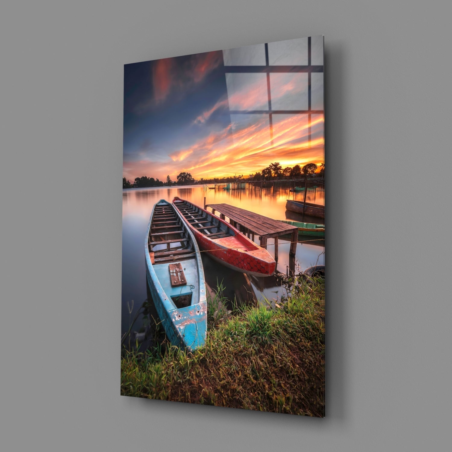 Sunset Rowboats at Wooden Dock Glass Wall Art