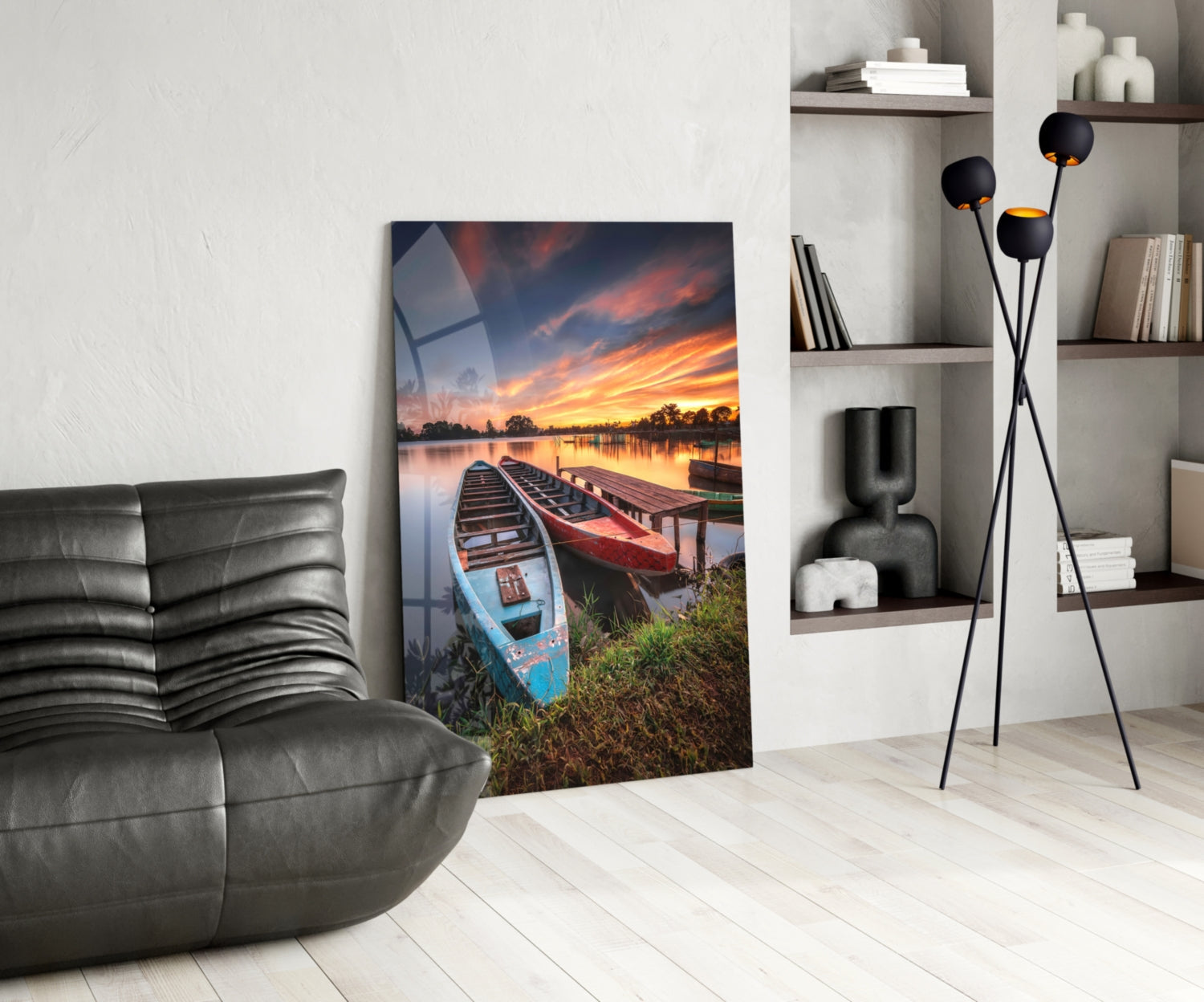 Sunset Rowboats at Wooden Dock Glass Wall Art