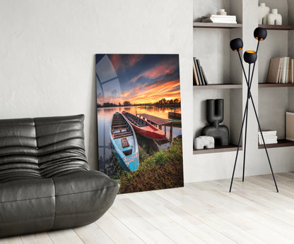 Sunset Rowboats at Wooden Dock Glass Wall Art