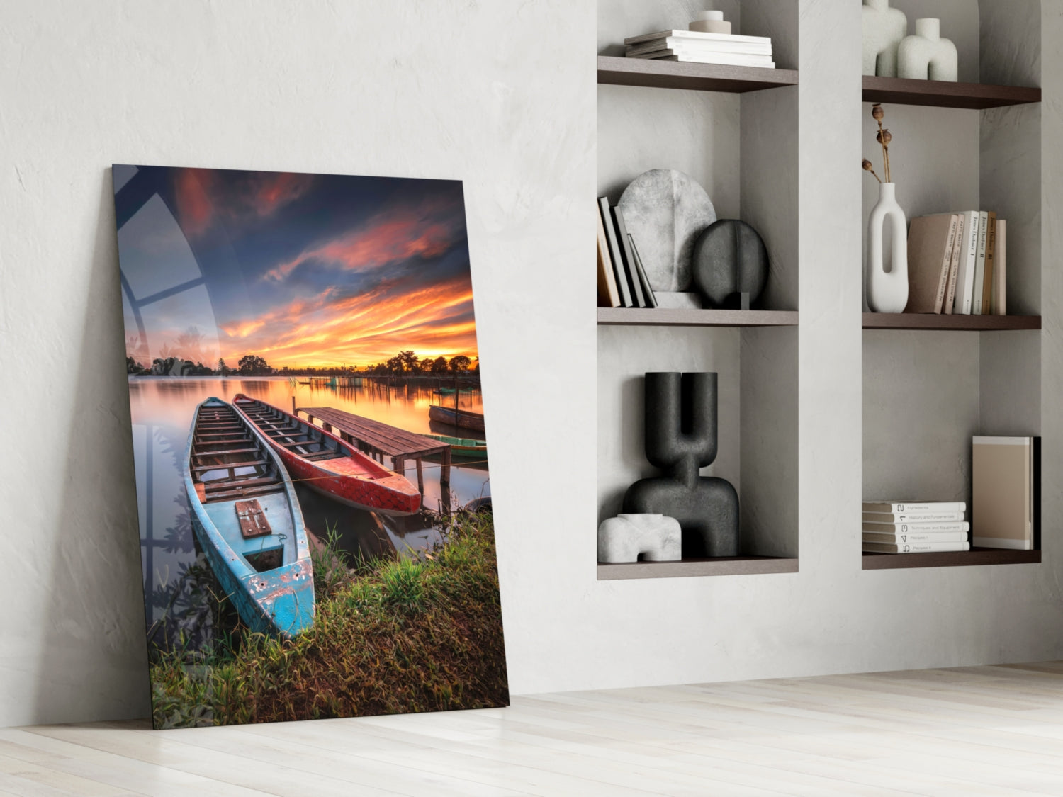 Sunset Rowboats at Wooden Dock Glass Wall Art