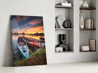 Sunset Rowboats at Wooden Dock Glass Wall Art