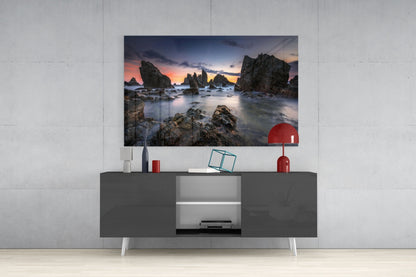 Long Exposure Sea Stacks at Dusk Glass Wall Art