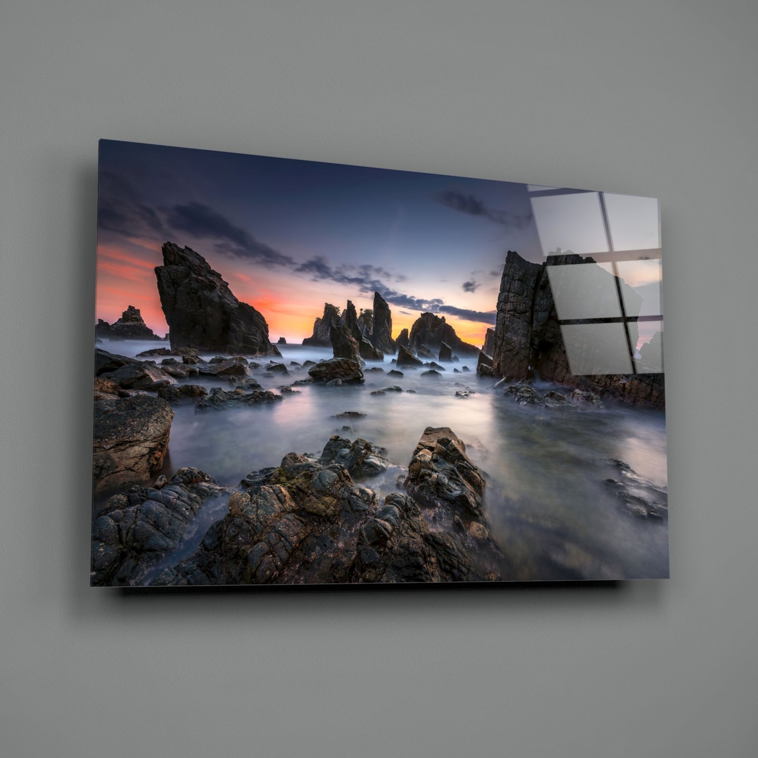 Long Exposure Sea Stacks at Dusk Glass Wall Art