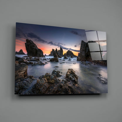 Long Exposure Sea Stacks at Dusk Glass Wall Art