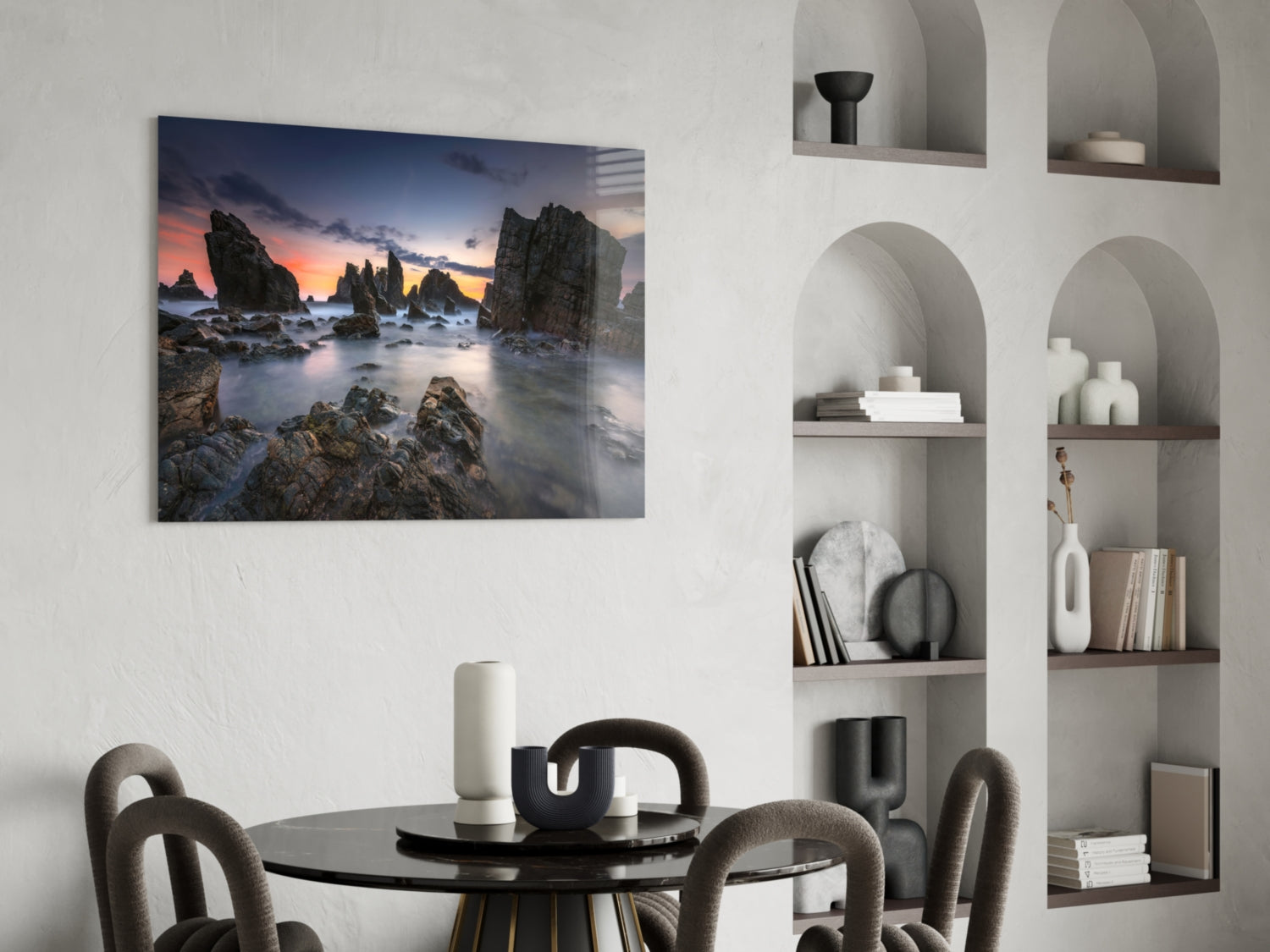 Long Exposure Sea Stacks at Dusk Glass Wall Art