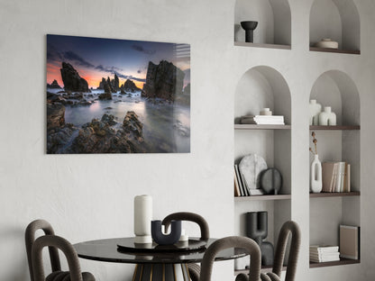 Long Exposure Sea Stacks at Dusk Glass Wall Art