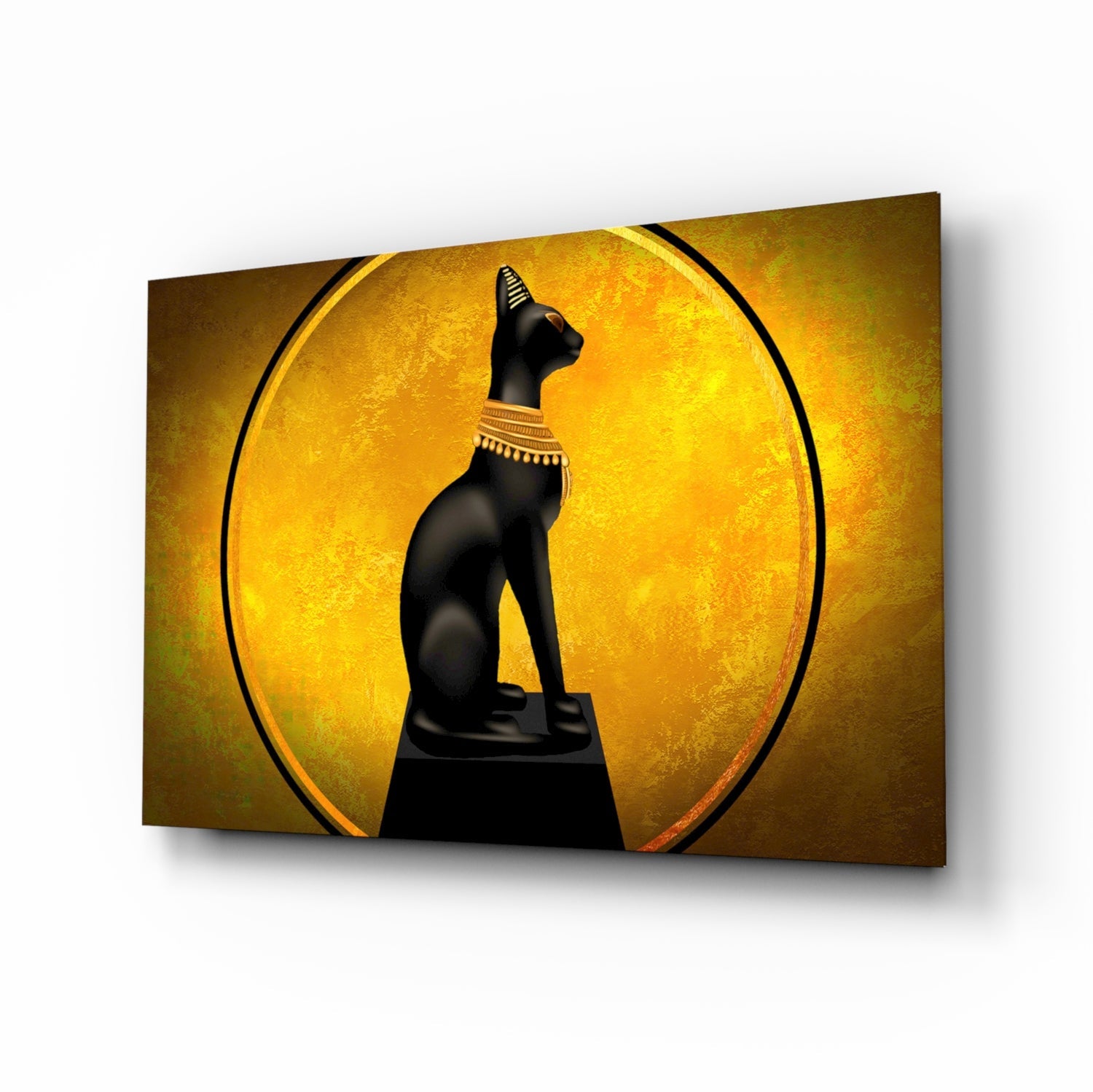 Egyptian Cat Statue Gold Moon Glass Wall Art