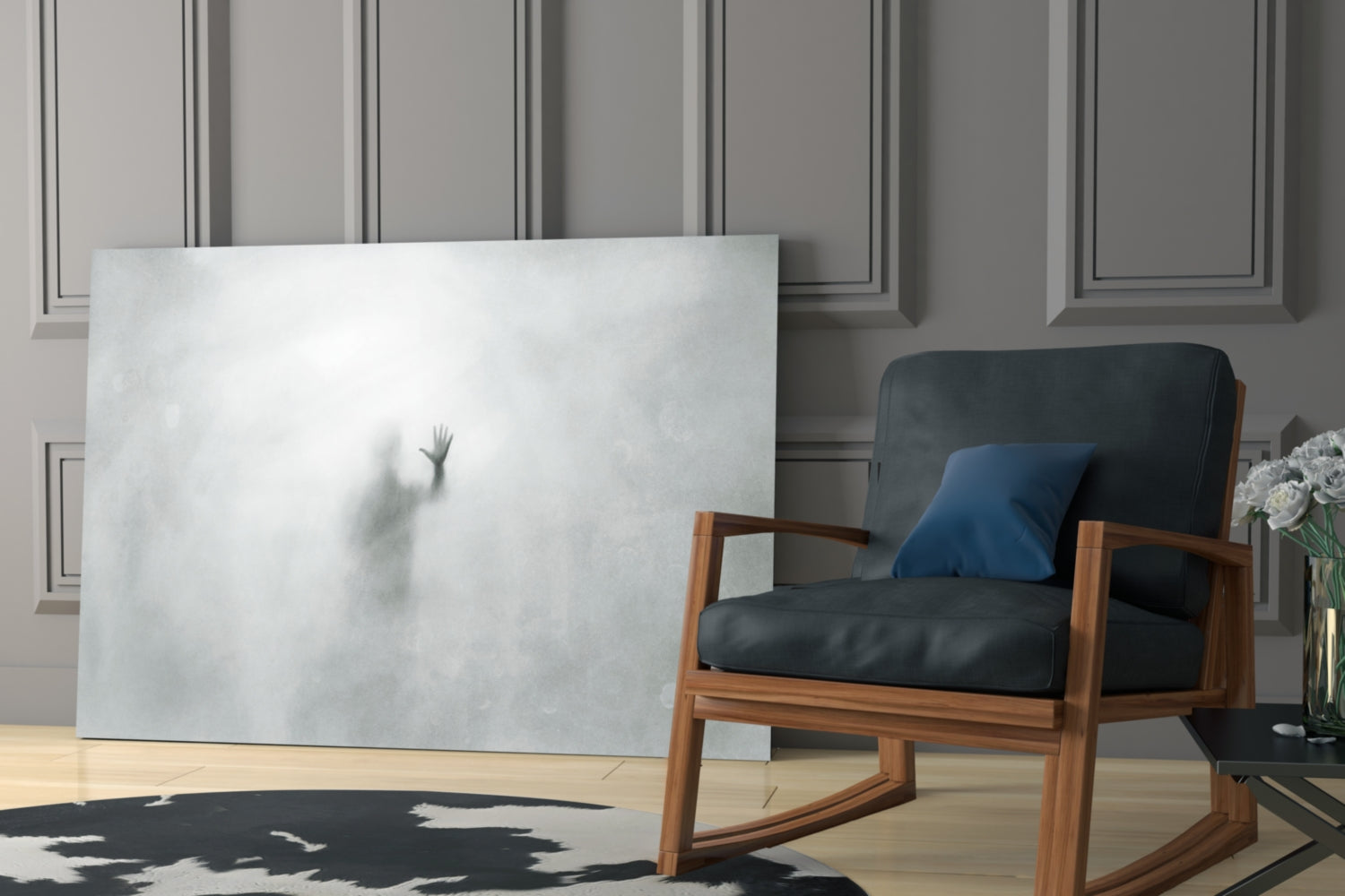 Foggy Pane Reaching Hand Grey Glass Wall Art