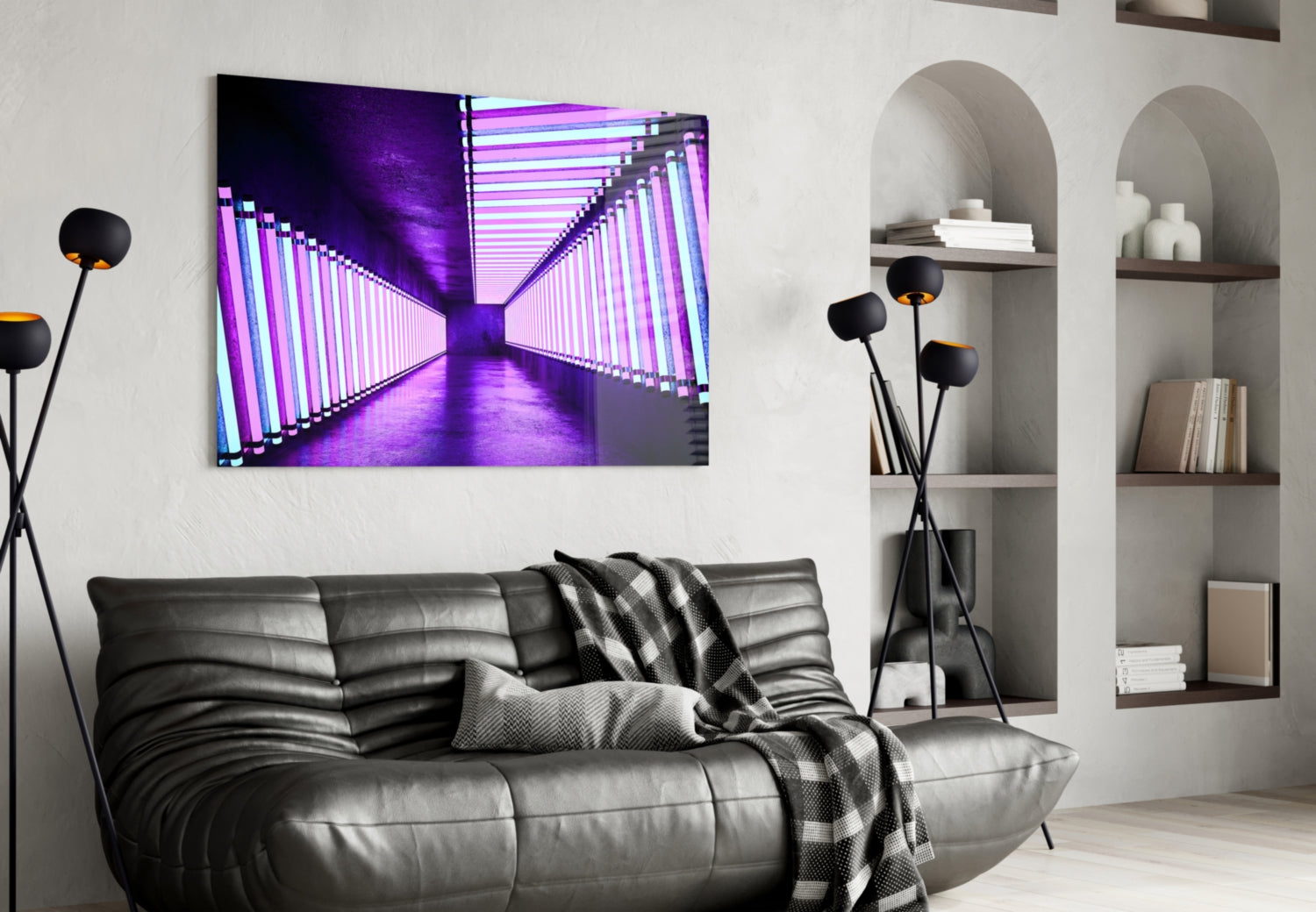 Violet Neon Tube Corridor Glass Wall Art