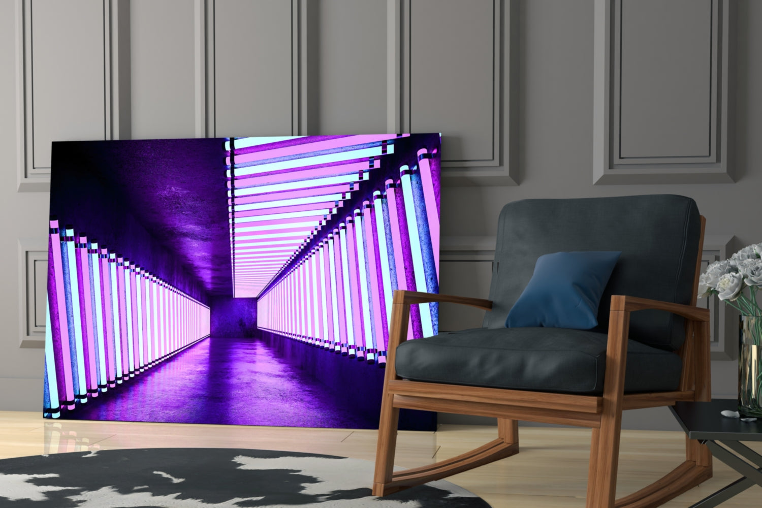 Violet Neon Tube Corridor Glass Wall Art