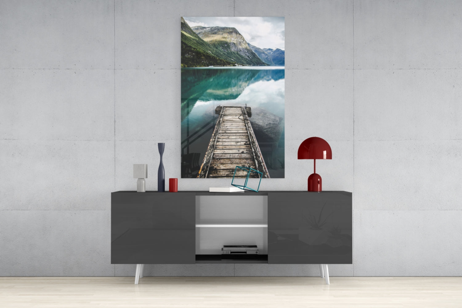Turquoise Fjord Mountain Jetty Glass Wall Art